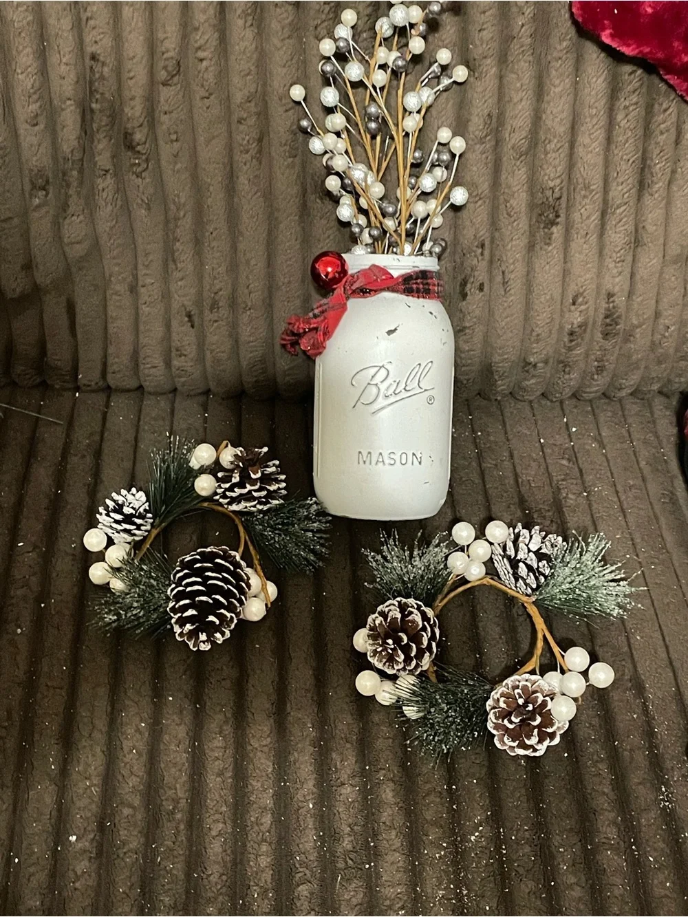 Mason White Holiday Jar Vase with Pinecone Rings